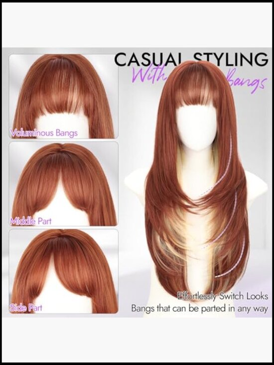 Long Layered Wig with Bangs for Women Heat Resistant Synthetic Party Hair 26 main image 4